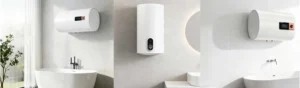 Horizontal and vertical storage electric water heaters installed in modern residential bathroom environments for home hot water supply