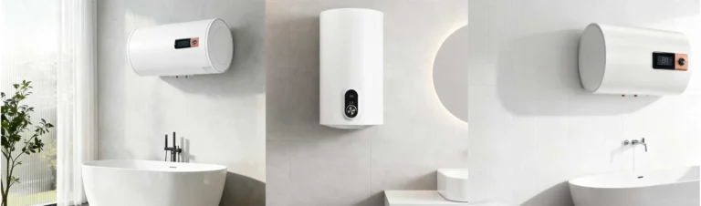Horizontal and vertical storage electric water heaters installed in modern residential bathroom environments for home hot water supply