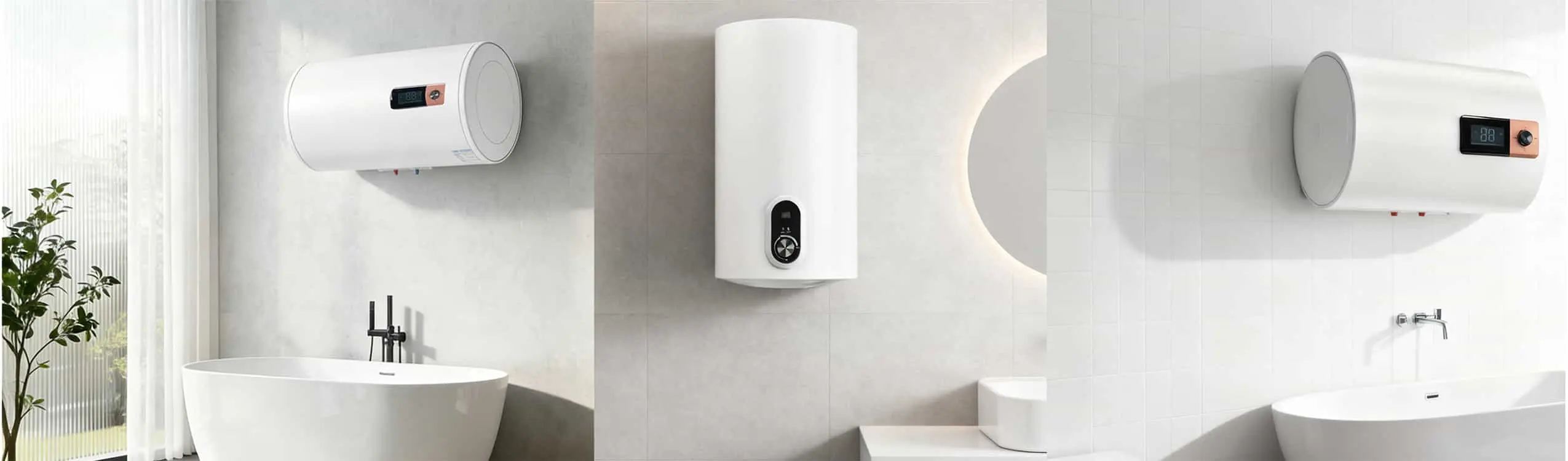 Horizontal and vertical storage electric water heaters installed in modern residential bathroom environments for home hot water supply