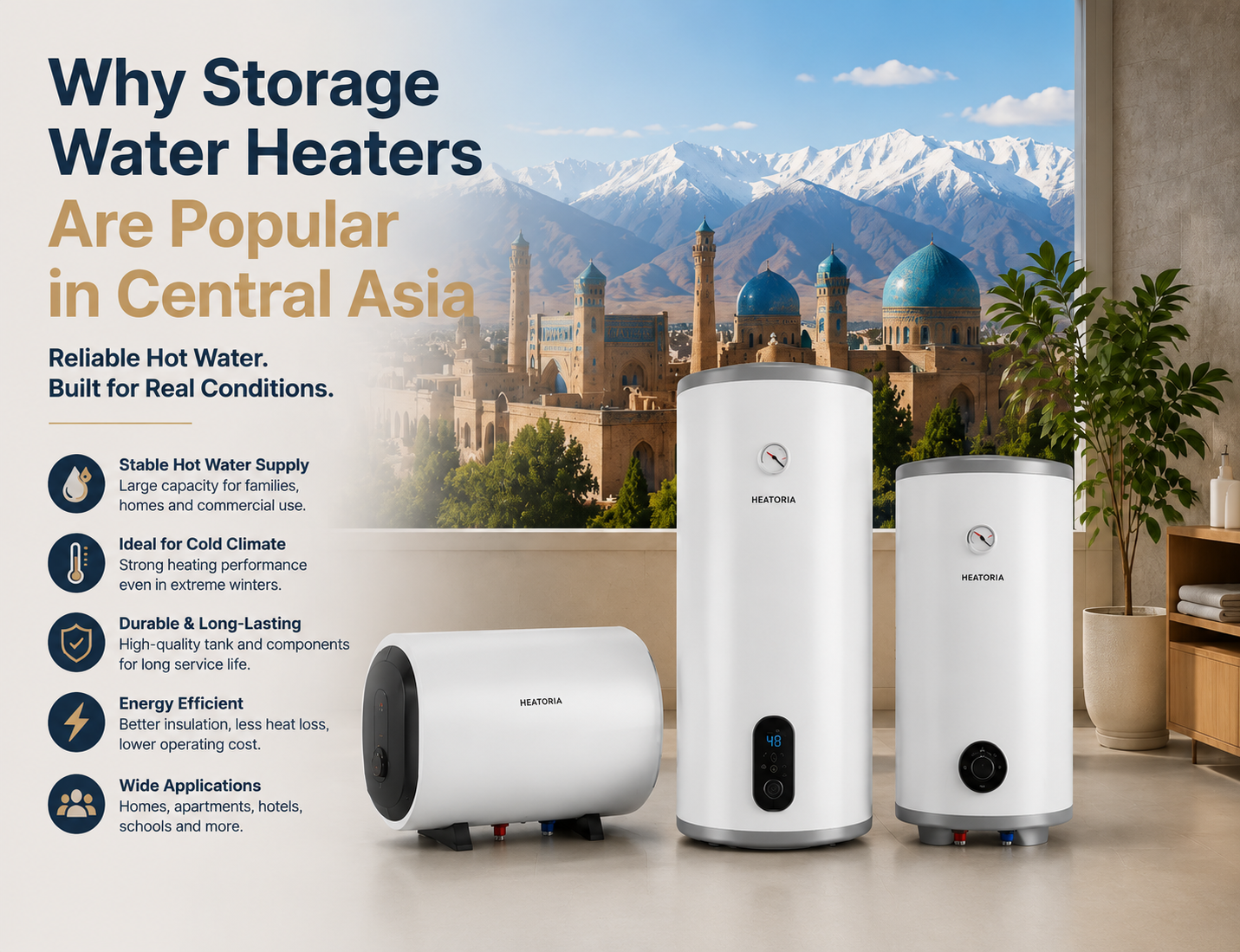 Storage water heaters for residential and commercial hot water systems in Central Asia